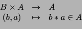 \begin{displaymath}\begin{array}{ccl}
B\times A&\rightarrow&A\\
(b,a)&\mapsto&b\ast a\in A
\end{array}\end{displaymath}